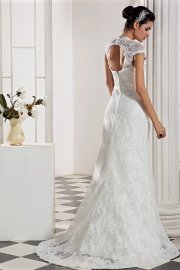 Enchanting Short Sleeve Lace Wedding Gown with Brush Train