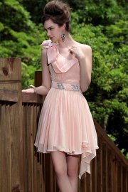 One Shoulder Peachy Beige Chiffon Short Dress