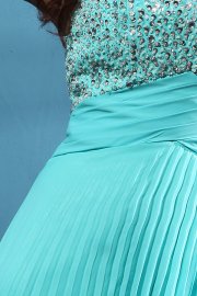Beaded Aquamarine Floor Length Pleated Dress
