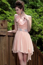 One Shoulder Peachy Beige Chiffon Short Dress