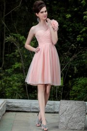 Knee Length One Shoulder Sweetheart Pleated Tulle Dress