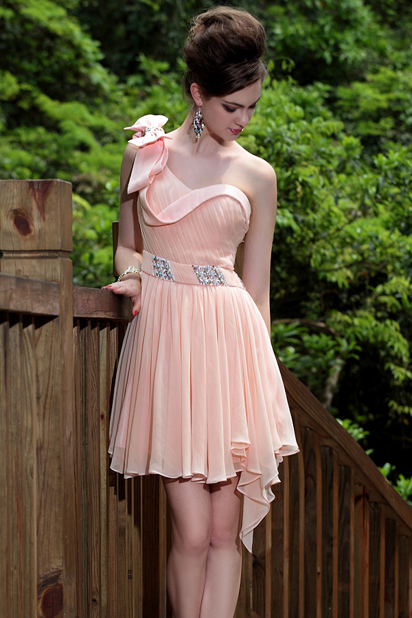One Shoulder Peachy Beige Chiffon Short Dress - Click Image to Close