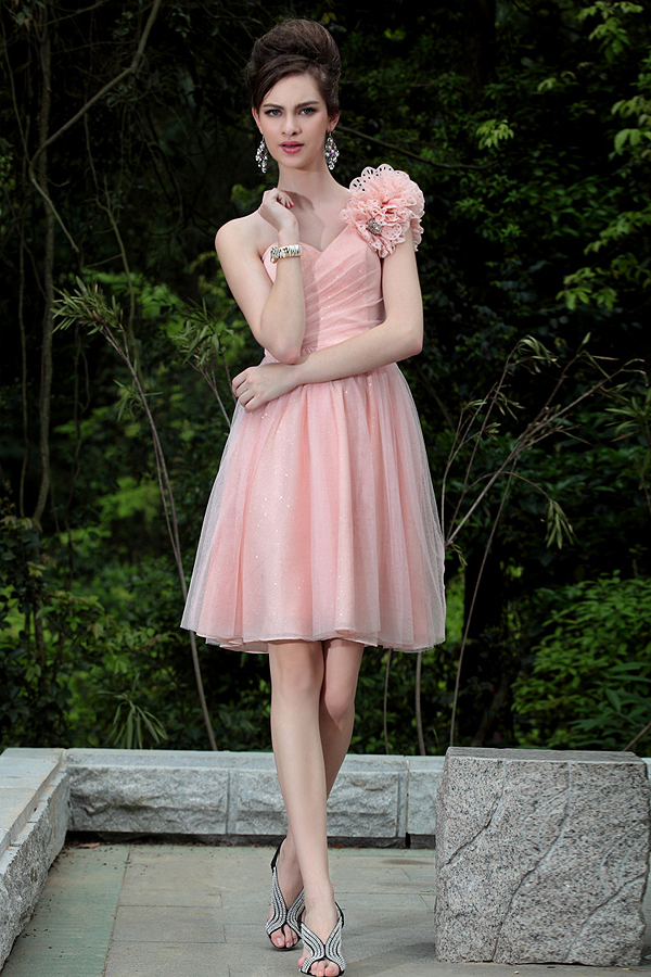 Knee Length One Shoulder Sweetheart Pleated Tulle Dress - Click Image to Close
