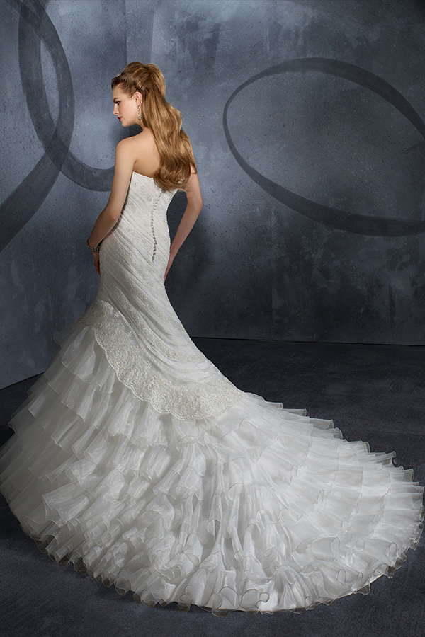 Court Train Floral Chiffon Ivory Wedding Gown - Click Image to Close