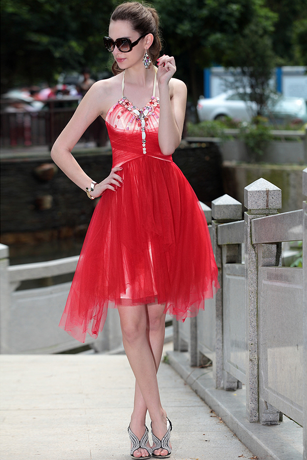 Flirty Knee Length Tulle Halter Dress - Click Image to Close