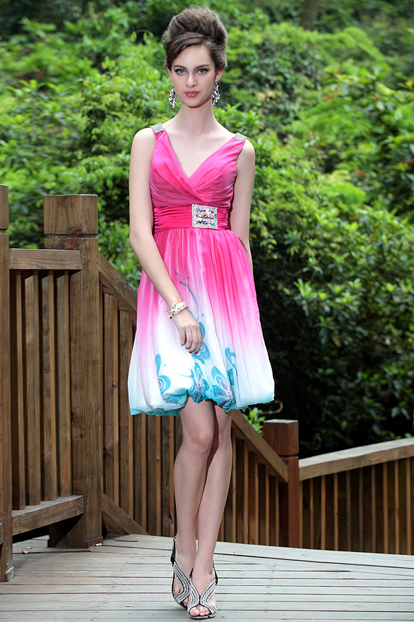 Knee Length Feminine V-neck Floral Bubble Dress - Click Image to Close