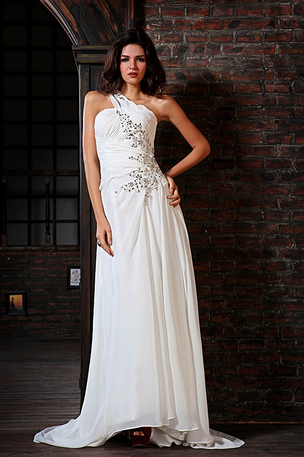 Luxe One Shoulder Wedding Dress with Mini Train - Click Image to Close