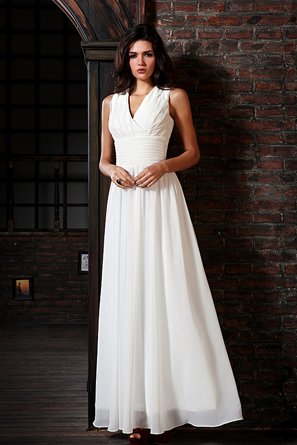 Elegant Full Length V-neck Chiffon Wedding Dress - Click Image to Close