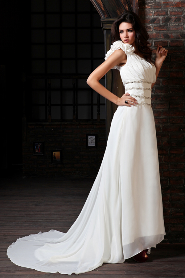 Graceful One Shoulder Chiffon Wedding Dress with Brush Train - Click Image to Close