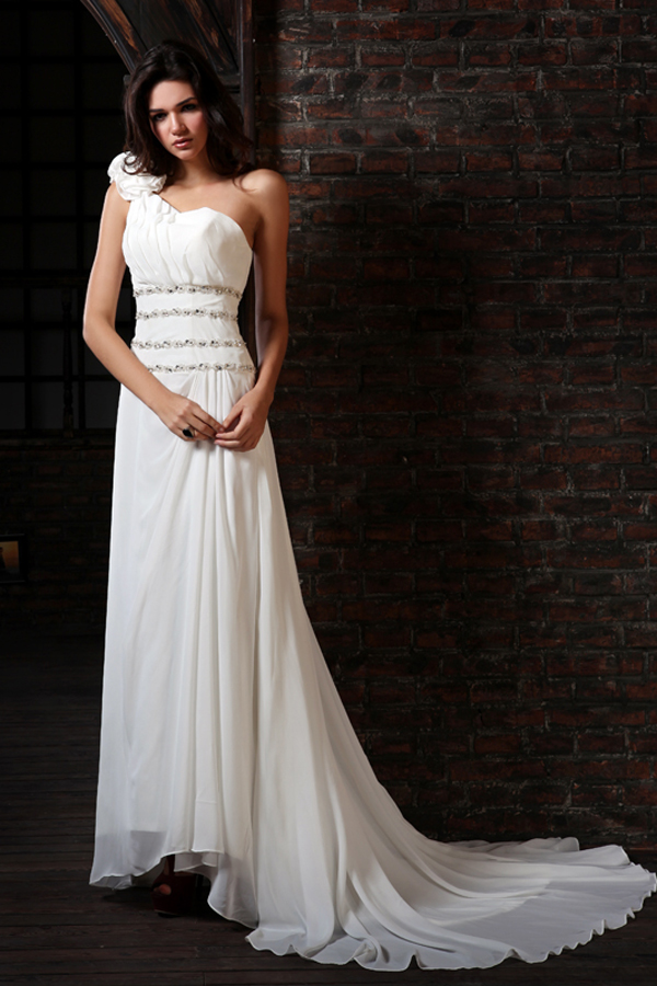 Graceful One Shoulder Chiffon Wedding Dress with Brush Train - Click Image to Close