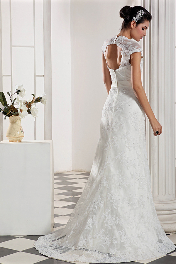 Enchanting Short Sleeve Lace Wedding Gown with Brush Train - Click Image to Close
