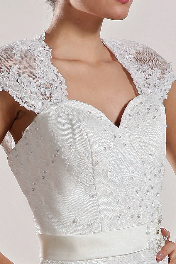 Enchanting Short Sleeve Lace Wedding Gown with Brush Train - Click Image to Close