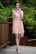 One Shoulder Peachy Beige Chiffon Short Dress