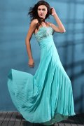 Beaded Aquamarine Floor Length Pleated Dress