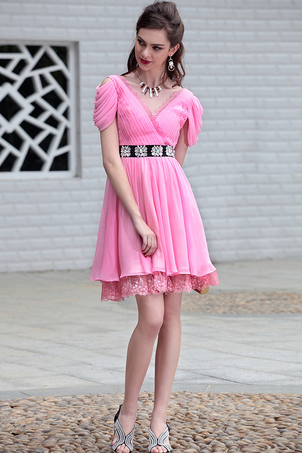 Gorgeous Knee Length Pink Chiffon Cocktail Dress - Click Image to Close