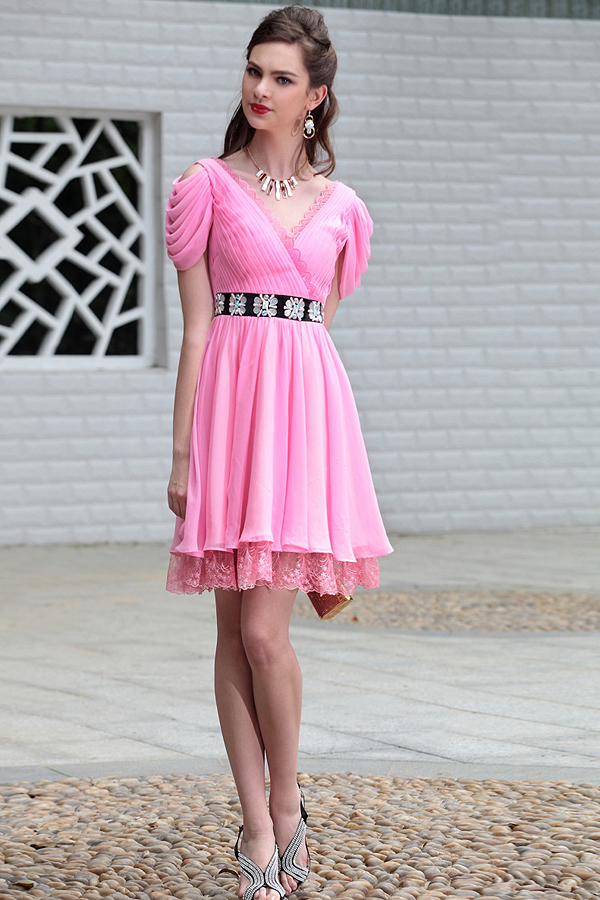Gorgeous Knee Length Pink Chiffon Cocktail Dress - Click Image to Close