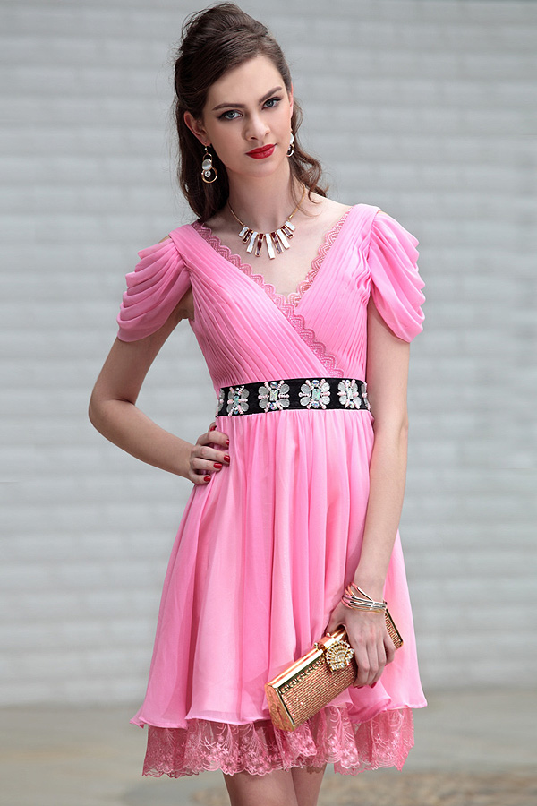 Gorgeous Knee Length Pink Chiffon Cocktail Dress - Click Image to Close