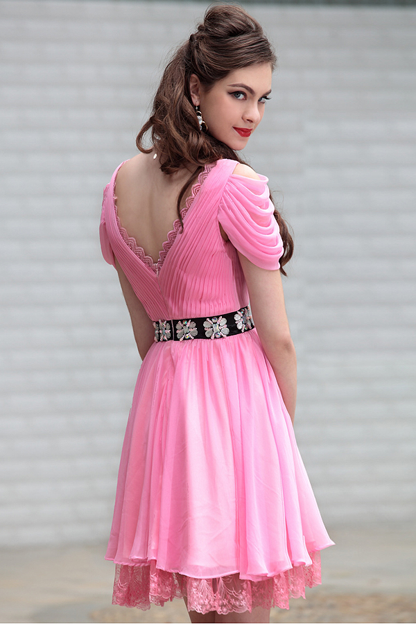 Gorgeous Knee Length Pink Chiffon Cocktail Dress - Click Image to Close