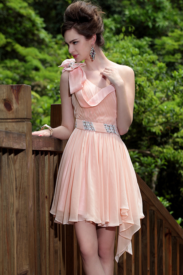 One Shoulder Peachy Beige Chiffon Short Dress - Click Image to Close