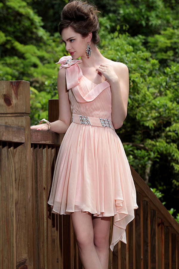 One Shoulder Peachy Beige Chiffon Short Dress - Click Image to Close