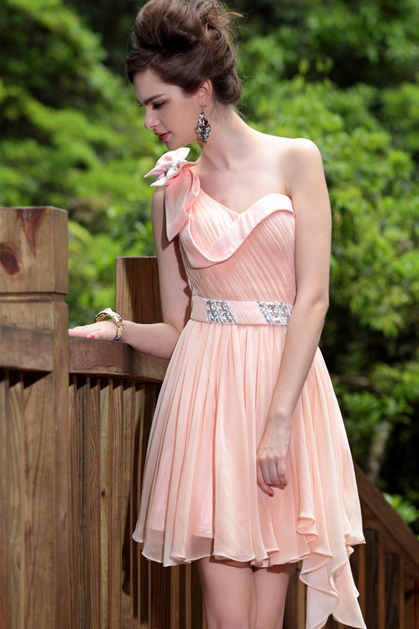 One Shoulder Peachy Beige Chiffon Short Dress - Click Image to Close