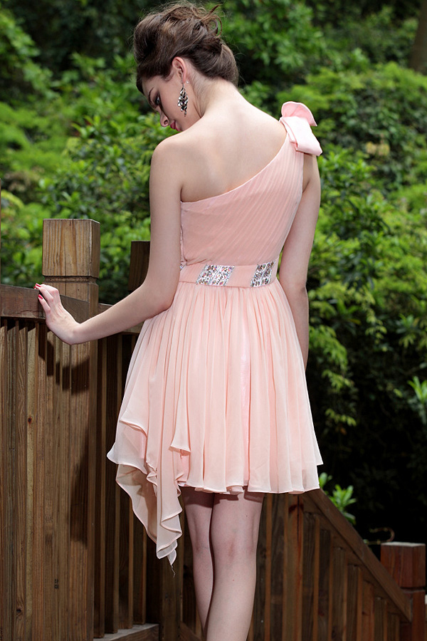 One Shoulder Peachy Beige Chiffon Short Dress - Click Image to Close