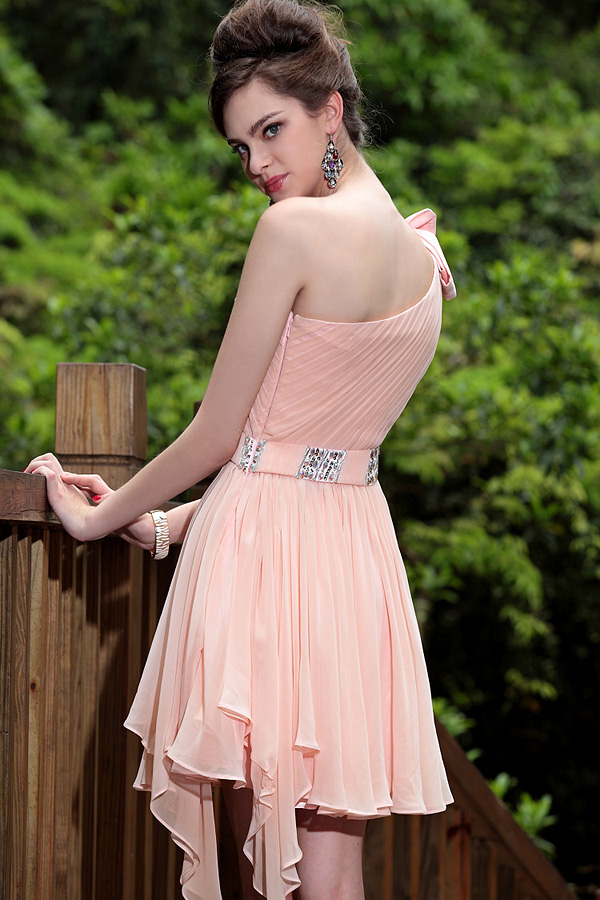 One Shoulder Peachy Beige Chiffon Short Dress - Click Image to Close