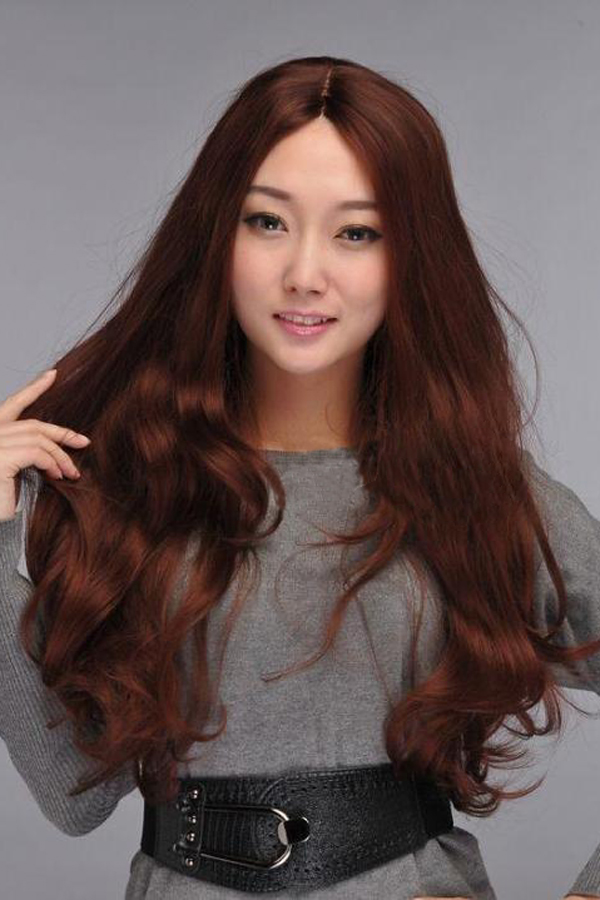 Glamorous Maroon 80% Human Hair Curly Long Wig - Click Image to Close