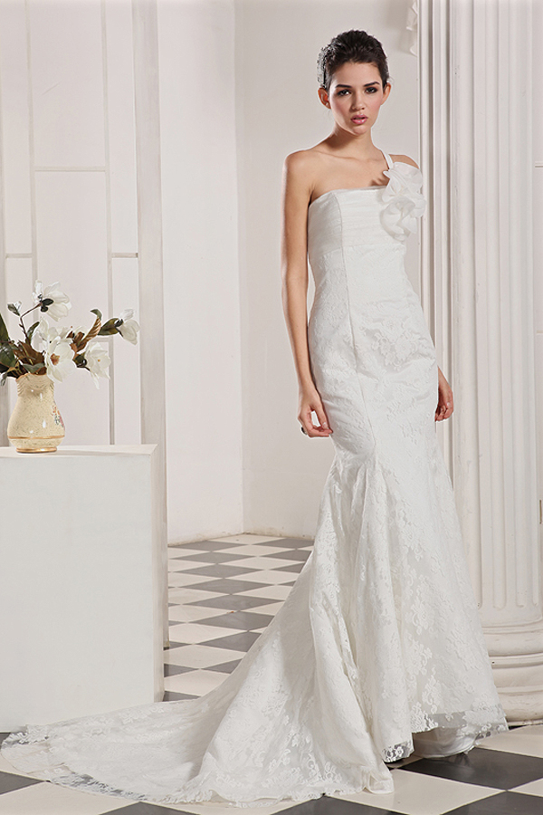 Feminime One Shoulder Lace Mermaid Wedding Dress - Click Image to Close