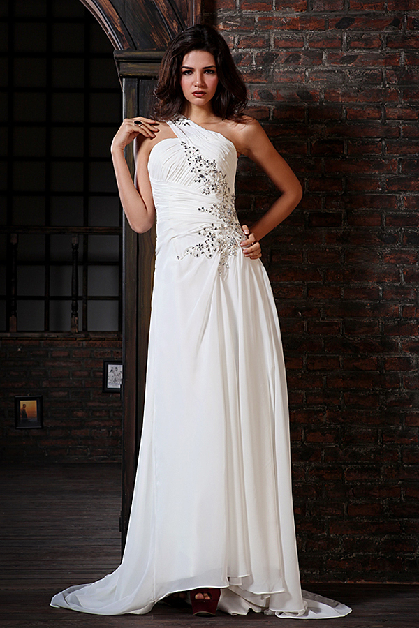 Luxe One Shoulder Wedding Dress with Mini Train - Click Image to Close