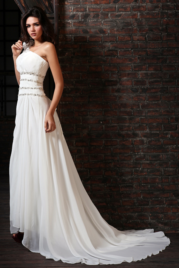 Graceful One Shoulder Chiffon Wedding Dress with Brush Train - Click Image to Close