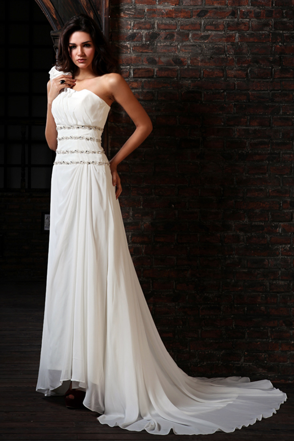 Graceful One Shoulder Chiffon Wedding Dress with Brush Train - Click Image to Close