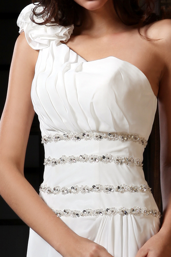 Graceful One Shoulder Chiffon Wedding Dress with Brush Train - Click Image to Close