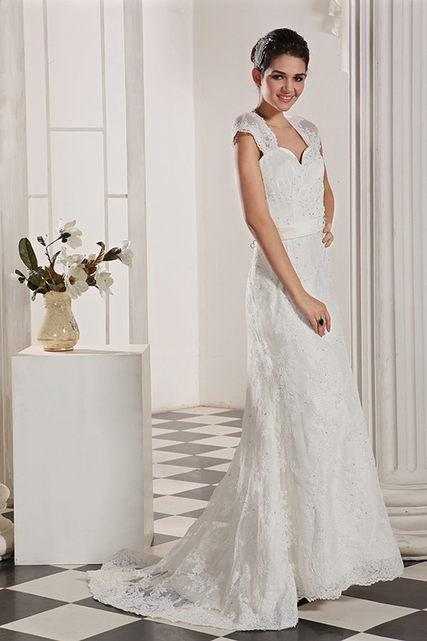 Enchanting Short Sleeve Lace Wedding Gown with Brush Train - Click Image to Close