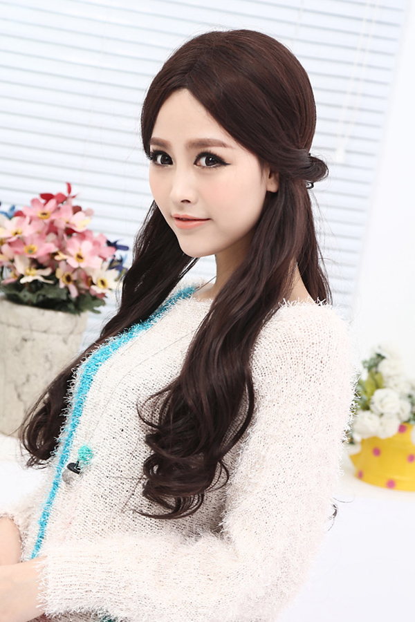 20% Human Hair Handmade Wavy Long Wig - Click Image to Close